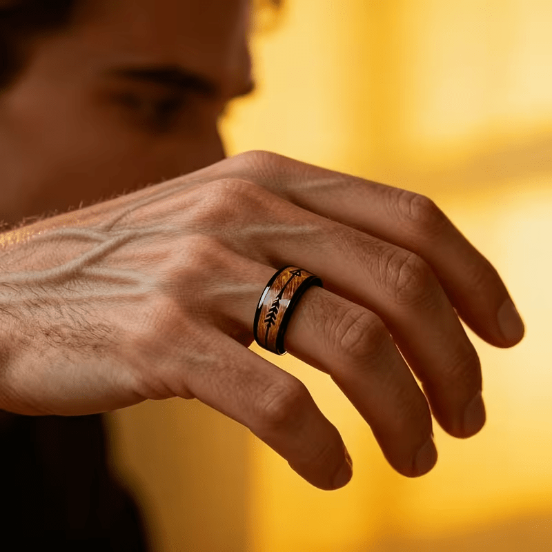 Black Arrow Wood Grain Stainless Steel Ring, Everyday Accessory